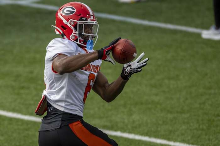 Feb 1, 2023; Mobile, AL, USA; American running back Kenny McIntosh of Georgia (6) practices during the second day of Senior Bowl week at Hancock Whitney Stadium in Mobile. Mandatory Credit: Vasha Hunt-USA TODAY Sports